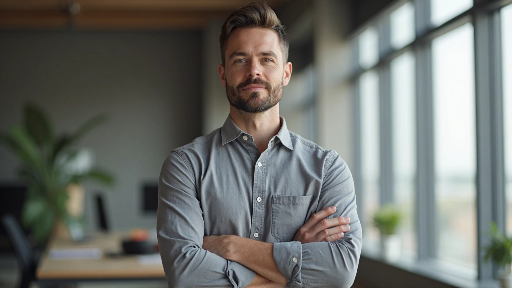 Man van ongeveer 35 jaar, professioneel gekleed in grijs overhemd met mouwen opgestroopt, staat met armen over elkaar in moderne kantoor omgeving met natuurlijk licht, zelfverzekerde houding, bovenlichaam in beeld