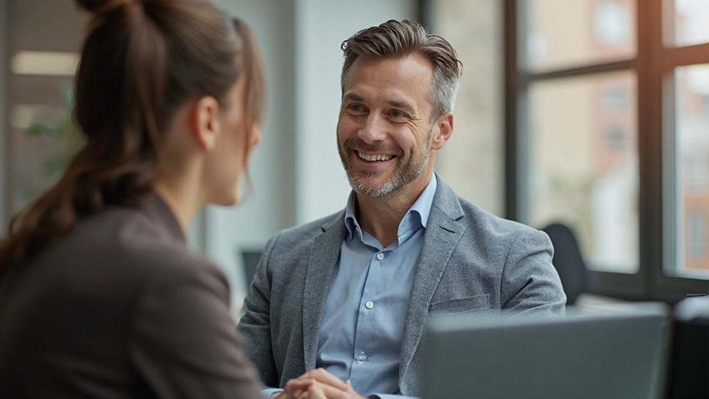 Twee mensen in gesprek in een moderne kantooromgeving, beiden glimlachend, staande positie, natuurlijk daglicht