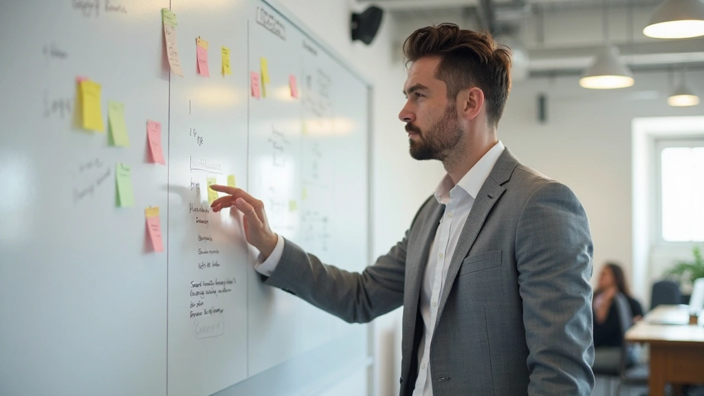 Twee personen werken samen aan doelplanning, brainstorming notities op whiteboard, creatieve werksfeer