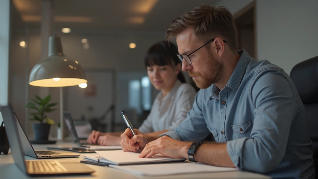 Persoon schrijvend in notitieboek, geconcentreerde gezichtsuitdrukking, minimalistisch bureau met groene plant