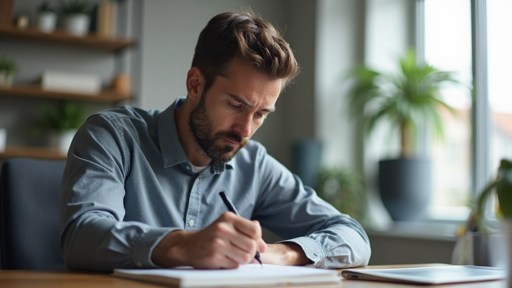 Persoon aan werktafel notities makend, gefocuste uitdrukking, dagboek en pen zichtbaar, natuurlijke kantoorlicht, inspirerende werkplek