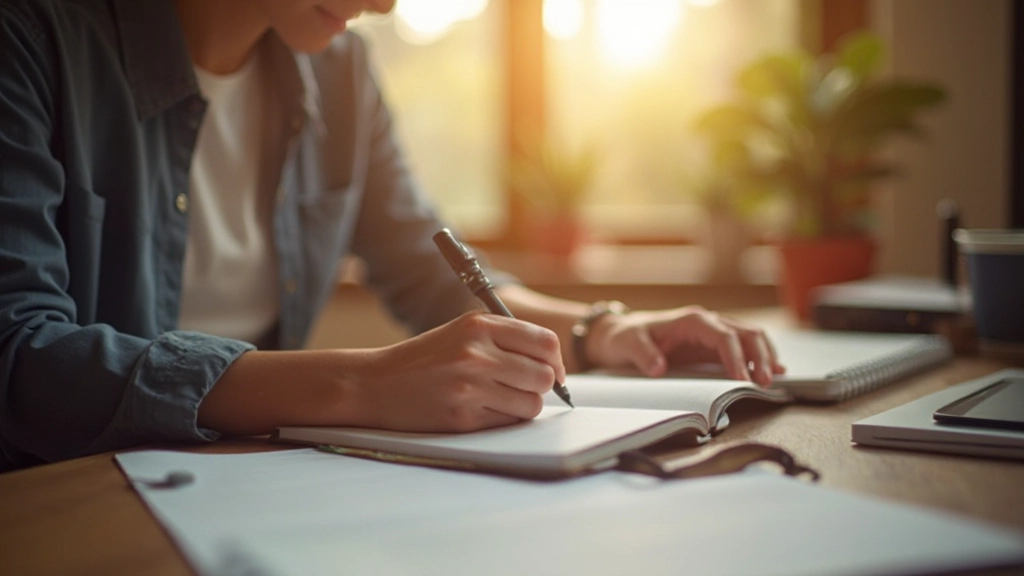 Persoon aan het schrijven in een leerdagboek met motivatiequotes, warme daglicht door raam, professioneel bureau setup