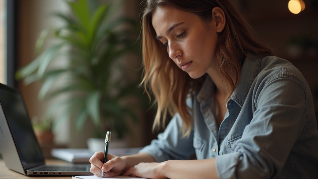 Persoon aan het schrijven in notitieboek, laptop op achtergrond, warme sfeer in kamer, dagverlichting