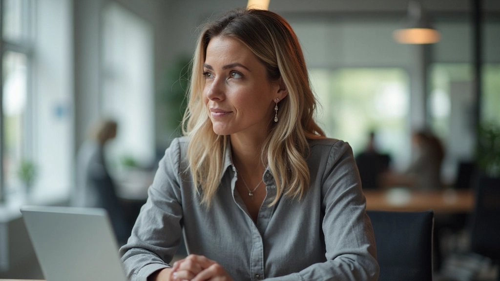 Vrouw in kantoor aan het nadenken, vriendelijke uitdrukking, goed verlicht modern interieur, zittend bij bureau