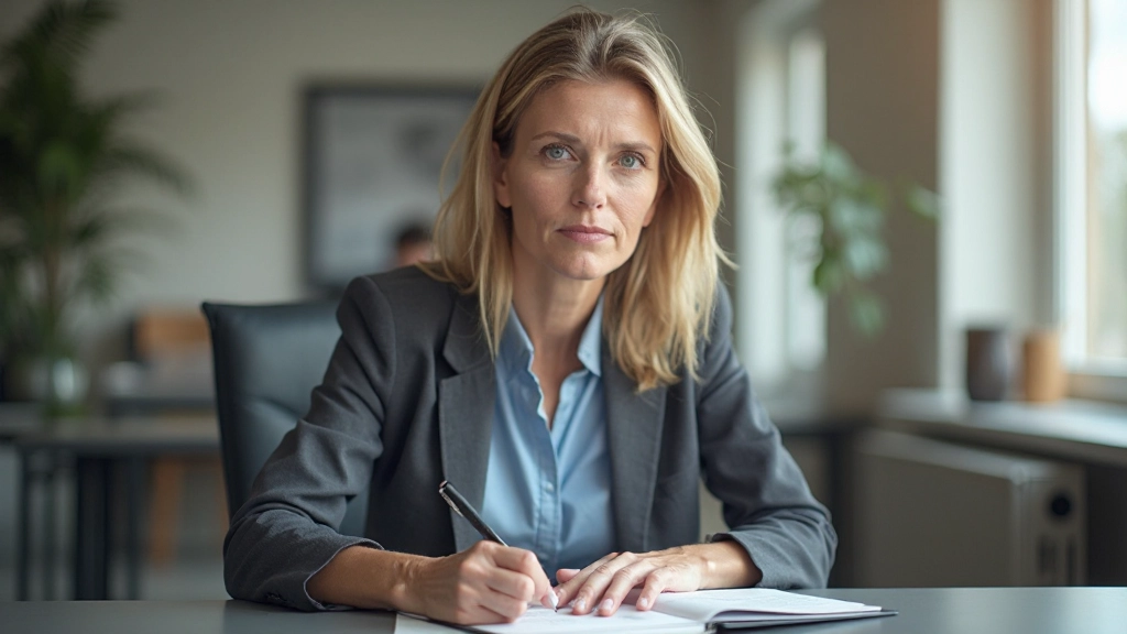 Professionele foto van realistische vrouw op middelbare leeftijd, zittend aan bureau met notitieboek en pen, natuurlijk licht van raam, gerichte uitdrukking, moderne werkruimte